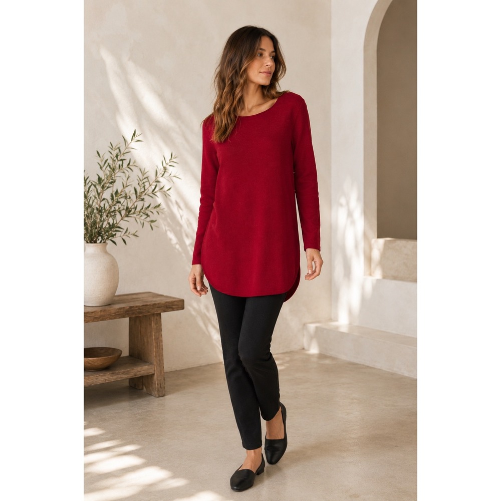 Eileen Fisher Organic Cotton Red Textured Knit Tunic Top XS Long Sleeve